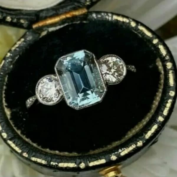 1880s Vintage Art Deco 2.00 Carat Emerald Cut Aquamarine Diamond Engagement Ring 935 Argentium Silver Estate Three Stone Jewelry For Womens