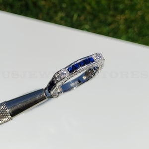 Antique Retro Circa 1880's Art Deco Diamond & Sapphire Wedding Band Engagement Ring 935 Argentium Silver Stackable Band Vintage Diamond Band