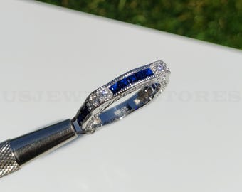 Antique Retro Circa 1880's Art Deco Diamond & Sapphire Wedding Band Engagement Ring 935 Argentium Silver Stackable Band Vintage Diamond Band