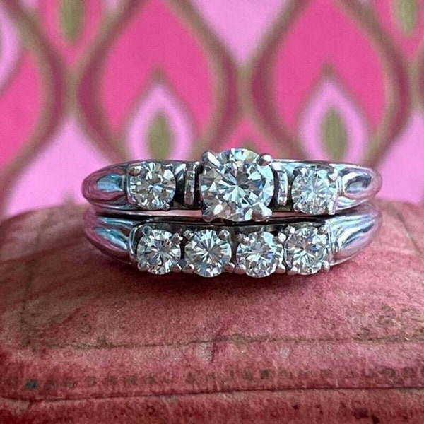 1880s Estate Retro Style Ring Set, Moissanite Ring Set, Bridal Wedding Ring Set, 935 Argentium Silver Ring Set, Vintage Women's Ring Set