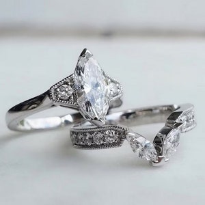 1880s Antique 2.00 Ct Marquise Cut Diamond Art Deco Bridal Set Vintage Engagement Ring Set In 935 Argentium Silver Vintage Retro Bridal Set