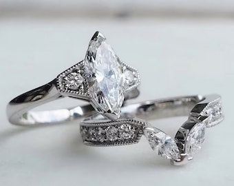 1880s Antique 2.00 Ct Marquise Cut Diamond Art Deco Bridal Set Vintage Engagement Ring Set In 935 Argentium Silver Vintage Retro Bridal Set