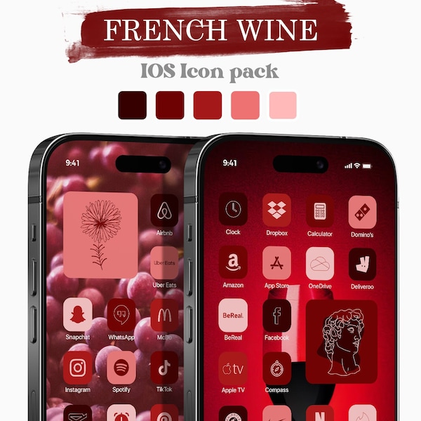 RED and PINK wine colors- iOS Icons Pack | iPhone iOS 17 App Aesthetic | Minimalist | 3000 icons in 5 colors | Bonus widgets and wallpapers