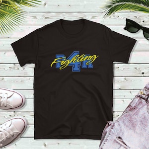 May include: Black t-shirt with a blue and yellow graphic that says "Fighting 44".