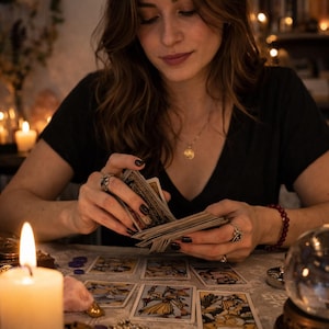 May include: A person is holding and arranging a deck of tarot cards. Several tarot cards are laid out on a table. A lit candle and a crystal ball are also on the table. The person is wearing a black top and a gold necklace.
