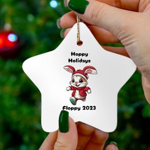 Personalized Bunny Hoppy Holidays Christmas Ornament, 4 Shapes, Featuring Cute White & Tan Rabbit, Customize Your Bunny&#39;s Name and Year