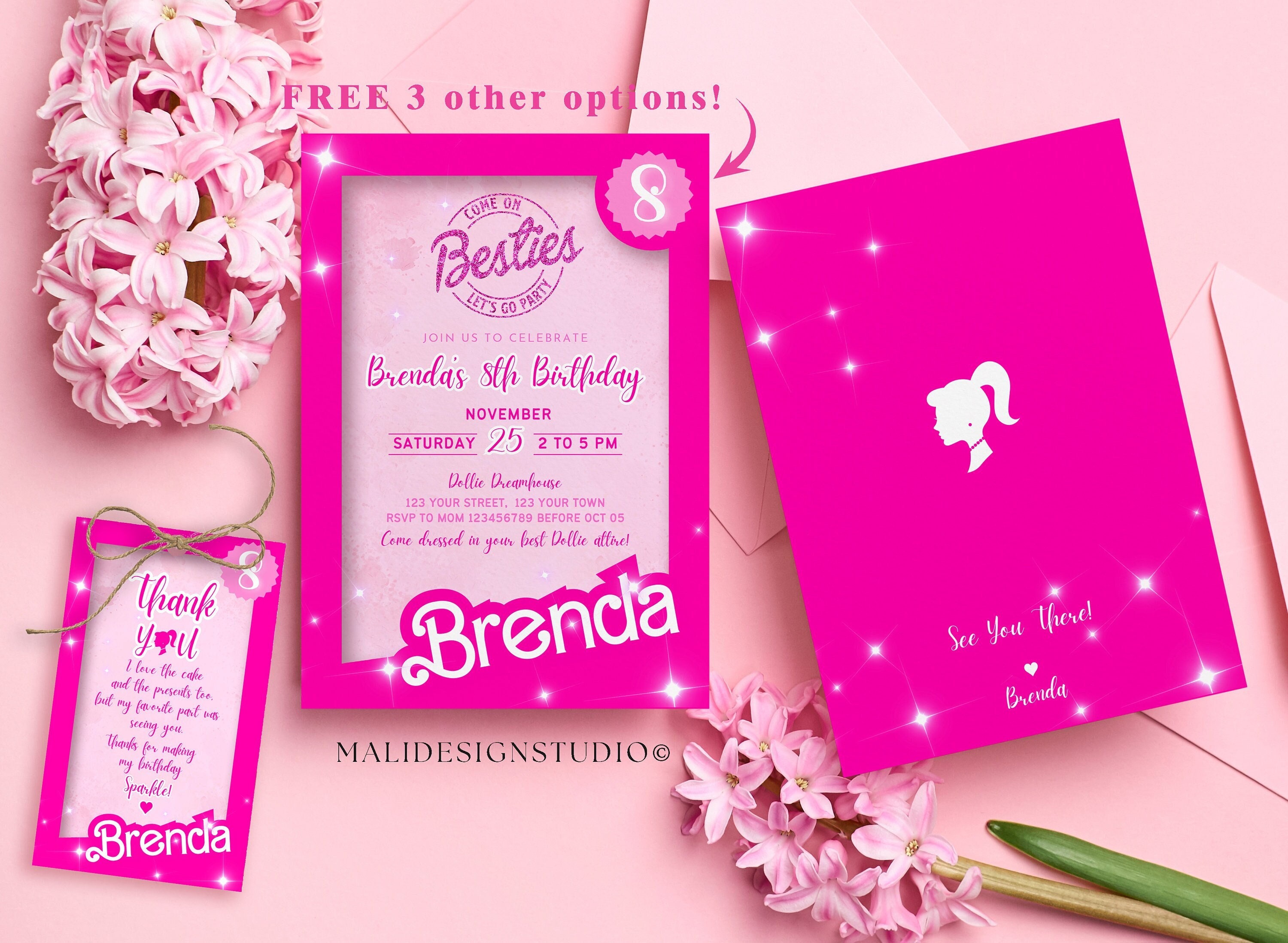 Lot de 6 cartes d'invitations pour enfants fille Barbie v1