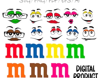 May include: A set of colorful cartoon faces with different expressions, including happy, sad, surprised, and angry. Below the faces are the letters 'mmm' in different colors, including red, blue, yellow, green, orange, brown, and pink. The text 'DIGITAL PRODUCT' is also included in the image.