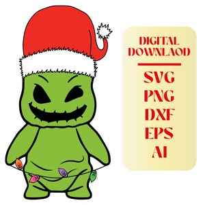 May include: Green Christmas character with a pumpkin-like face wearing a red Santa hat with white trim and holding a string of colorful lights.