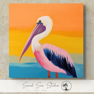 Beachy Pelican, Nautical Beach Wall Art, Modern Coastal Print, Colorful, Beach House, Florida, Bird Art Museum Quality Art Print or Canvas