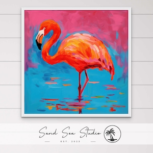 Abstracte flamingo, moderne kust, kunst aan de muur, acrylstijl, strandachtig, tropisch, strandhuiskunst, museumkwaliteit kunstdruk of canvas