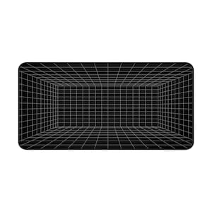 May include: A rectangular desk mat featuring a black background with a white grid pattern that creates a three-dimensional perspective effect, resembling a tunnel or room interior with converging lines toward a central point.