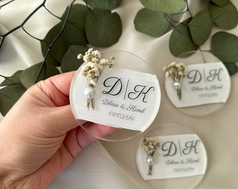 Personalisierter Magnet Favor für Gäste, Epoxy Magnet Favors, Hochzeitsbevorzugung für Gäste, Magnet mit trockener Blume, Verlobungsgeschenke,