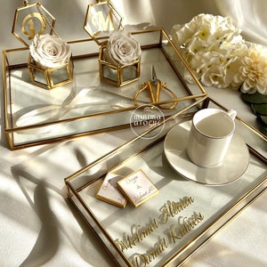 Personalized Gold Glass Tray Set, Engagement Tray, Gold Glass Luxury Tray Set, Nikkah Tray, Ring Tray Set,