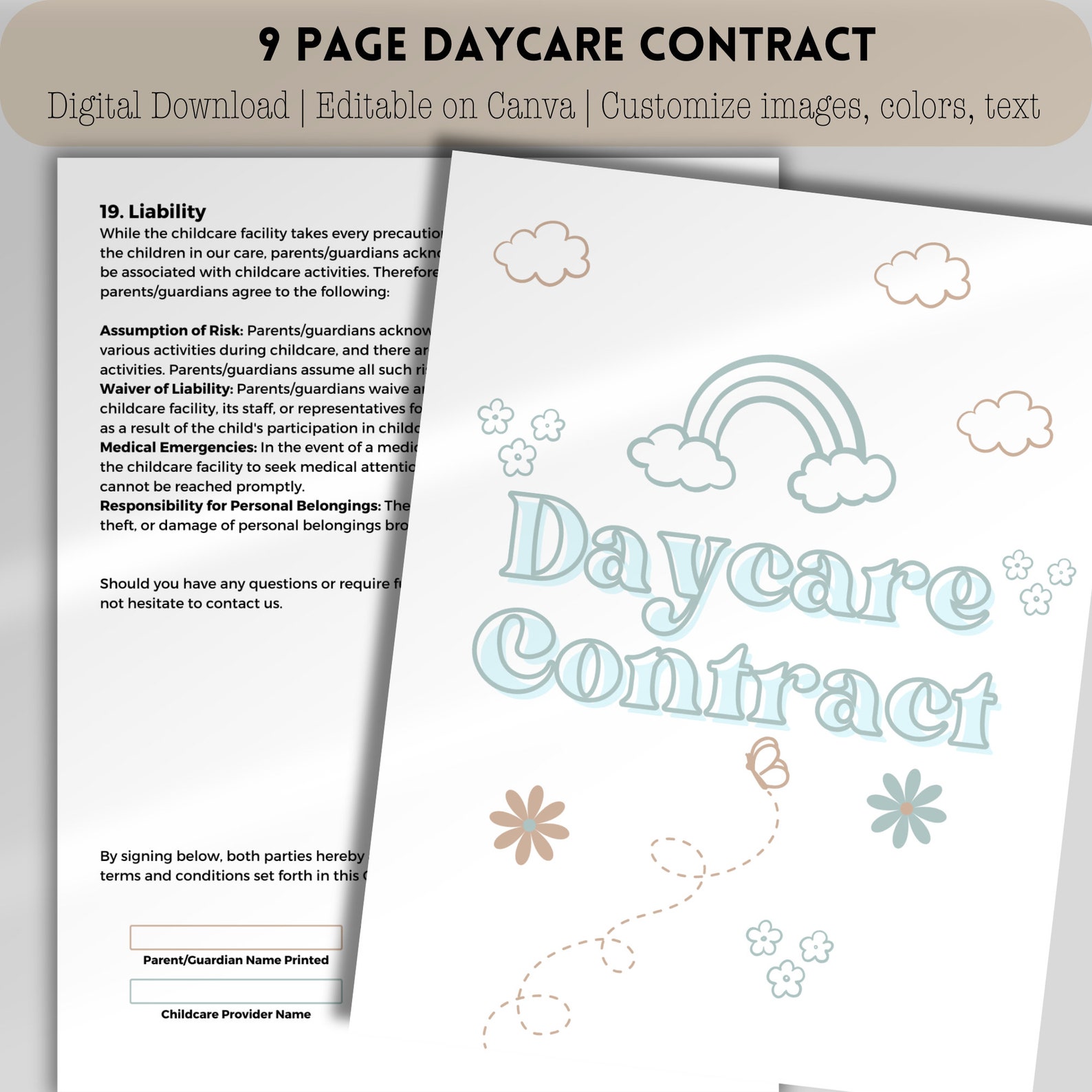 Editable Daycare Contract, Home Childcare Contract, Daycare Agreement Editable Daycare Contract, Home Childcare Contract, Daycare Agreement