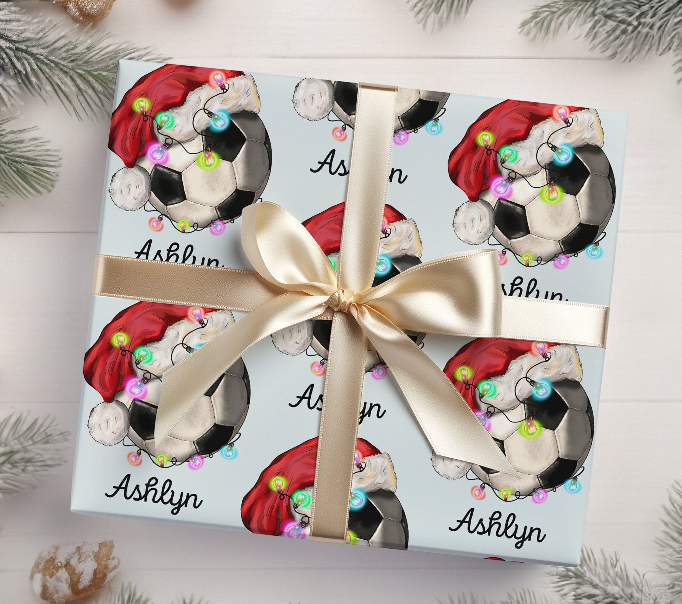 Soccer Santa Hat Wrapping Paper | Soccer Christmas Gift Wrap | Name Gift Wrap | Personalized Gifts | Soccer Enthusiast | Soccer Ball