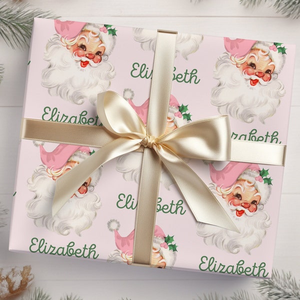 Pink Santa Personalized Christmas Wrapping Paper | Personalized Gifts | Custom Wrapping Paper | Vintage Looking Santa Wrapping Paper