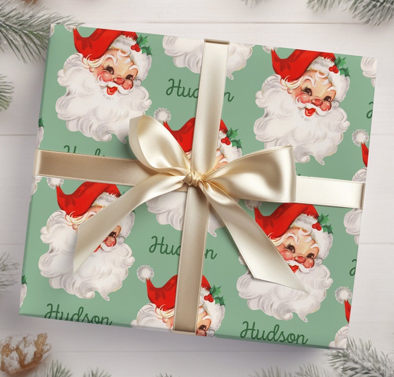 Santa Personalized Christmas Wrapping Paper Personalized Gifts Custom Wrapping Paper Vintage Looking Santa Wrapping Paper Name Gift image 1