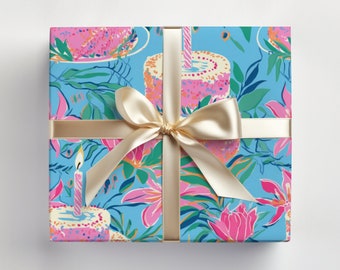 Preppy Blue and Pink Birthday Wrapping Paper | Birthday Gift Wrap | Gifts for Her