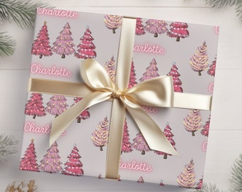 Pink Christmas Trees Personalized Wrapping Paper | Neon Letters | Name Gift Wrap Paper | Personalized Gifts