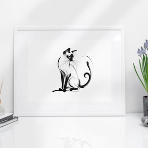 Impresión elegante de gato siamés, póster de pared, regalo para amantes de los gatos, descarga digital, alta resolución, varios tamaños, blanco y negro