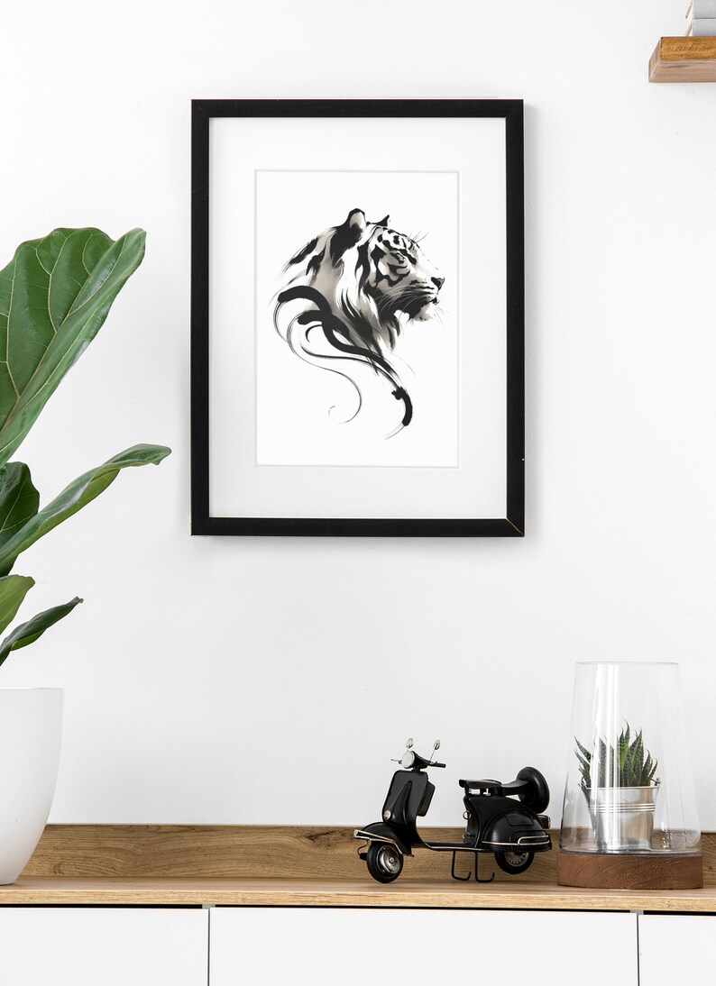 Siberian Tiger Art Print Monochromatic Wildlife, Elegant Optional Black ...