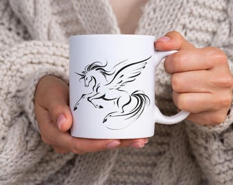 Pegasus Coffee Mug: Mythical Horse Art, Colorful Handle, Fantasy Gift