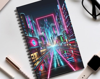 Cuaderno espiral cyberpunk para la escuela, cuaderno cyberpunk, cuaderno de juegos para él, cuaderno de regalo para ella, cuaderno de tareas, cuadrícula de puntos, rayado o en blanco