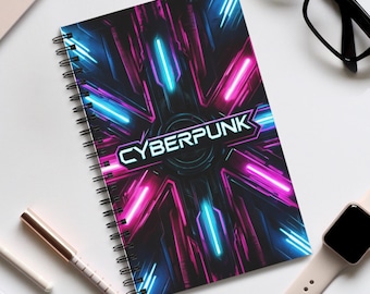 Cuaderno espiral, libreta, diario, bloc de notas, cuaderno de bocetos de estilo cyberpunk neón - Cuaderno de diseño cyberpunk, con cuadrícula de puntos, rayado o en blanco.