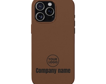 May include: A solid brown smartphone case featuring a triple-lens camera cutout at the top left. The back of the case displays a circular graphic with the text "YOUR LOGO" inside, positioned above the black text "Company name" centered below.