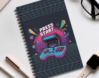 Cuaderno espiral neón cyberpunk, cuaderno "Press Play", diario, bloc de notas, cuaderno de bocetos y diseño, cuaderno de puntos, cuaderno rayado o en blanco.