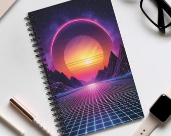 Cuaderno espiral Cyberpunk – Diario Atardecer Neón, Rayado, Cuadrícula de puntos, Para tareas o en blanco, Regalo para gamers