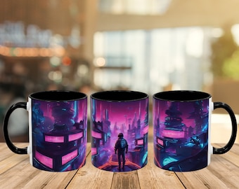 Cyberpunk Neon City Coffee Mug: Sci-Fi Gamer Gift