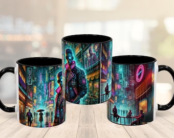 Cyberpunk Neon Cityscape Mug: Sci-Fi Gamer Coffee Cup