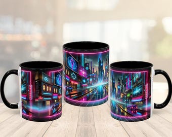 Cyberpunk Neon City Mug: 11oz Sci-Fi Gamer Coffee Cup