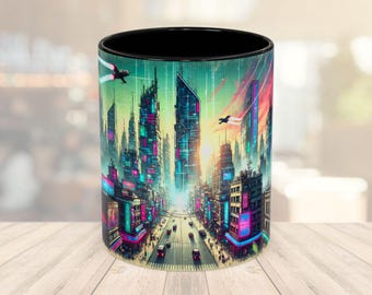 Cyberpunk Neon Cityscape Mug: Sci-Fi Gamer Coffee Cup
