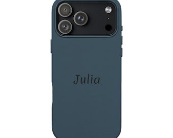 May include: A dark blue smartphone case featuring a triple-lens camera cutout at the top and the name Julia printed in a dark, stylized font in the center. The case has a smooth, matte finish and covers the back and sides of the mobile device.