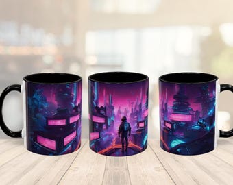 Cyberpunk Neon Cityscape Mug: Sci-Fi Gamer Coffee Cup