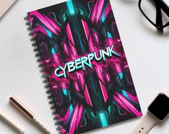 Cuaderno espiral cyberpunk para la escuela, cuaderno cyberpunk, cuaderno de juegos para él, cuaderno de regalo para ella, cuaderno de tareas, cuadrícula de puntos, rayado o en blanco