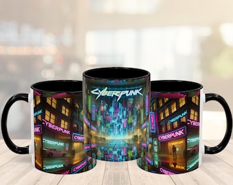 Cyberpunk Neon Cityscape Mug: Sci-Fi Gamer Coffee Cup