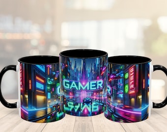 Cyberpunk Neon Cityscape Mug: Sci-Fi Gamer Coffee Cup