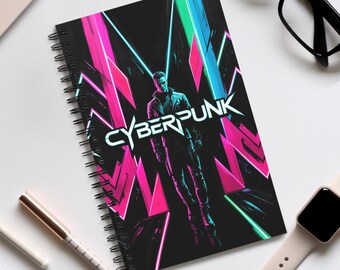 Cuaderno espiral de estilo cyberpunk, diario de escritura de ciencia ficción, regalo único, cuaderno de bocetos de tecnología retro, cuadrícula de puntos, rayado o en blanco