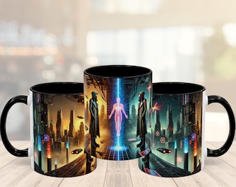 Cyberpunk Neon Cityscape Mug: Sci-Fi Gamer Coffee Cup
