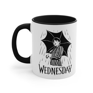 Coffee Mug, 11oz with a Wednesday Addams on the front and back, several colours! Coffee or tea or just your custom mug with Wednesday