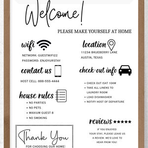 May include: A welcome sign for a home rental with information about wifi, location, check-out instructions, house rules, and a thank you message. The sign is printed on white paper and framed in a light brown wood frame.