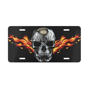 Inferno Skull: Chrome Skull Racing Flames Vanity License Plate