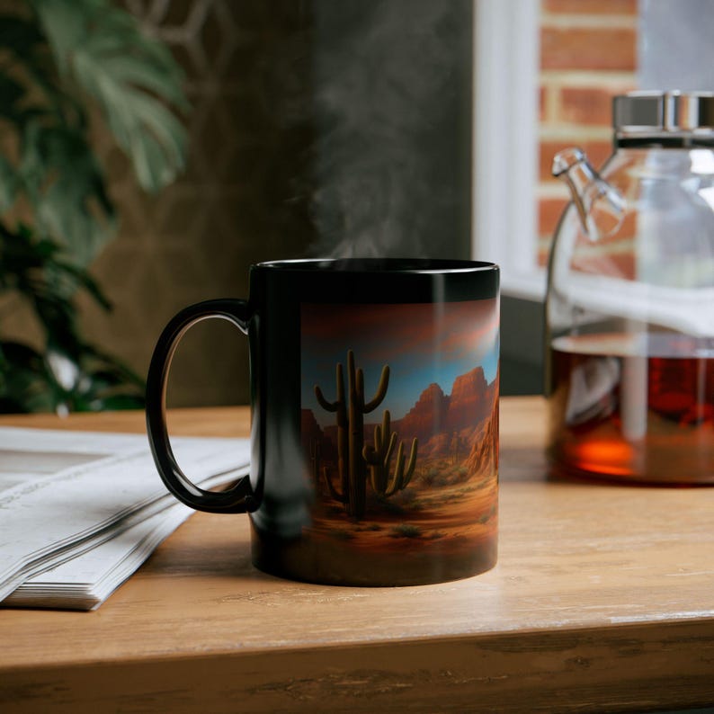 11oz Black Coffee Mug With Desert Scene and Cactus Design Perfect for
