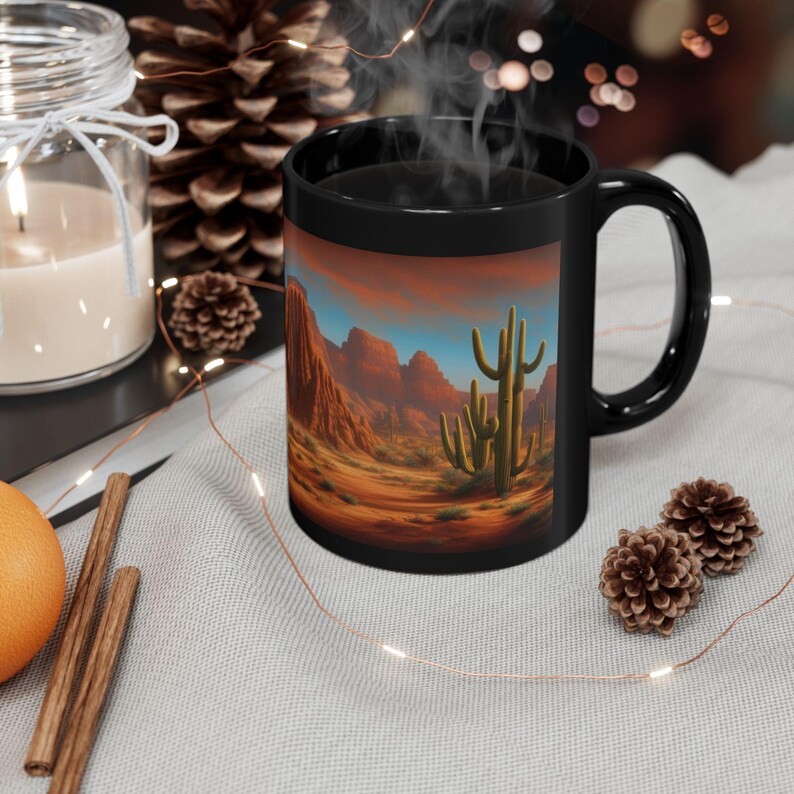 11oz Black Coffee Mug With Desert Scene and Cactus Design Perfect for