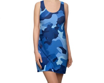 Blue Camouflage Women's Cut & Sew Racerback Dress (AOP)