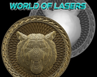 Modelo 3D Stl y Escala de Grises para fresadoras Láser y CNC - Tigre con marco hojas